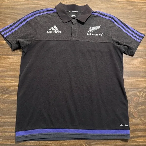 Adidas ALL BLACKS Polo Shirt Men's L New Zealand Rugby Black Embroidered logos